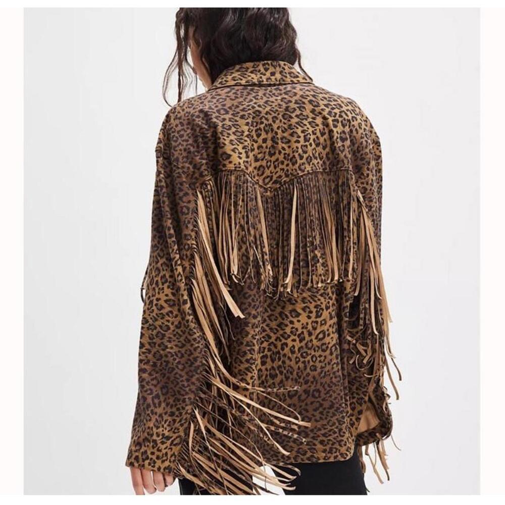 NWT Free People We the Free Leopard Print Fringe Vegan Suede Shirt Jacket L - Picture 2 of 7